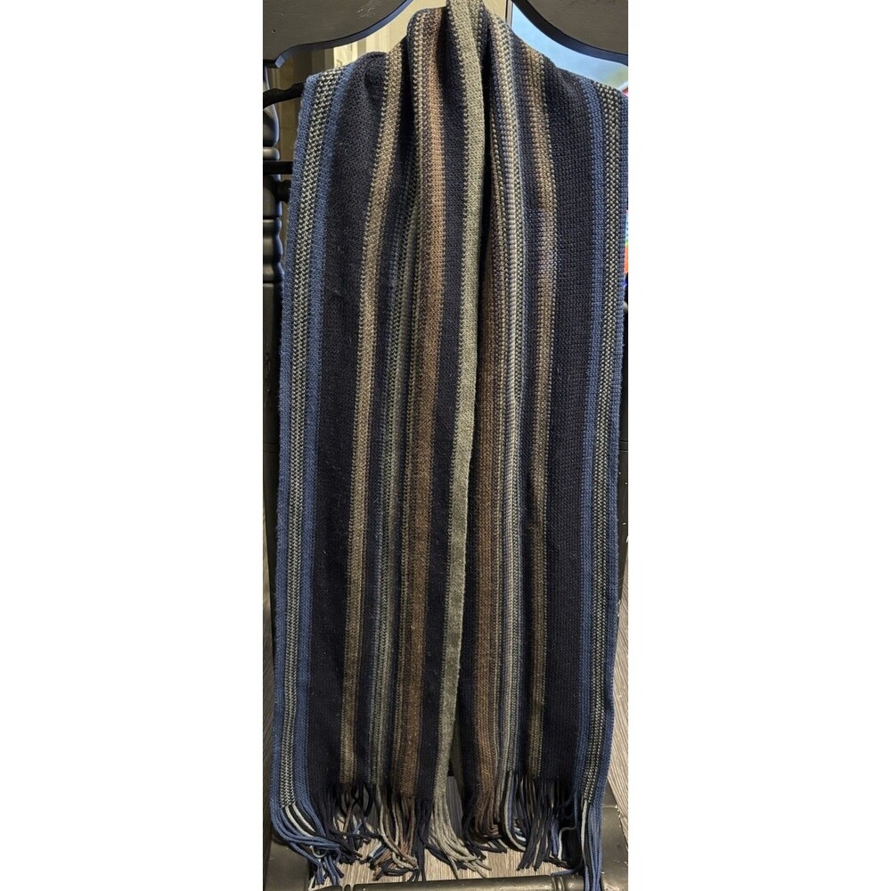 Banana Republic Wool Navy Blue Brown Gray Striped Scarf With Fringe